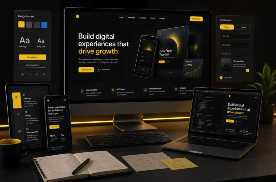 Laptop and mobile phone showcasing modern business website designs